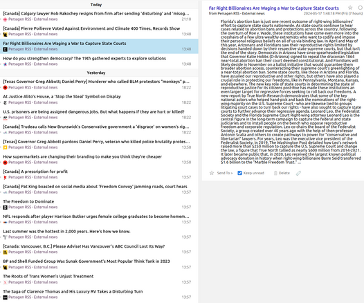 Pg-RSS external news feeds: Friday 2024-05-17
News/analytics re: abuses of wealth, power, influence

📱 1-col: https://persagen.com/rss/pg-extnews.m.xml
💻️ 2-col: https://persagen.com/rss/pg-extnews.xml
🌐 Click title to go to external news source

Updated throughout the day
Victoria, Persagen.com 🙏

#persagen #news #CurrentEvents #politics #wealth #power #influence #ideology #populism #CultureWars #discrimination #HumanRights #LGBTQ+ #justice #climate #environment #capitalism #inequality #SocialJustice

Image: Pg-RSS news feed
