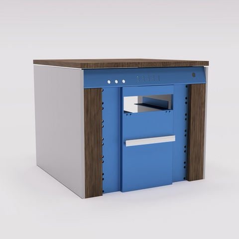 A 3D model made to look like a Centurion Minicomputer, but sized for housing standard modern PC components. There are two walnut panels on the front, flanking a center bay of blue powder coated steel panels. Above those sits a punched panel of the same color, spanning the width of the unit. The exterior side panels are a cool white, and there is a top also made of walnut.