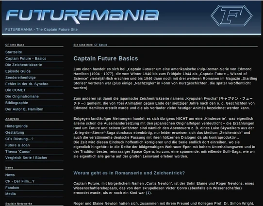 Screenshot der Seite "Futuremania.de", Sektion "Basics": Hier wird ein kurzer Überblick über die Serie "Captain Future" gegeben und die wichtigsten Eckpunkte erläutert...