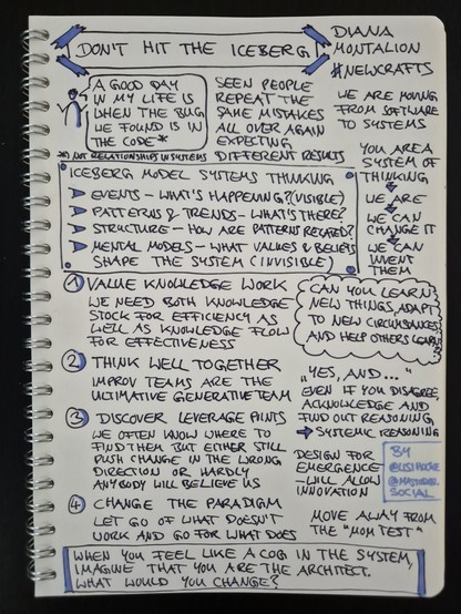 Sketchnote of keynote "Don't Hit the Iceberg" by Diana Montalion at NewCrafts Paris Conference 2024

Sketch figure with speech bubble: "A good day in my life is when the bug we found is in the code" - footnote: not relationships in systems

Seen people repeat the same mistakes all over again expecting different results

We are moving from software to systems

You are a system of thinking; we are; we can change it; we can invent them

Insight, framed: Iceberg model systems thinking, list of four points:

Events - what's happening? (visible)

Patterns and trends - what's there?

Structure - how are patterns related?

Mental models - what values and beliefs shape the system? (invisible)

Point one: value knowledge work; we need both knowledge stock for efficiency as well as knowledge flow for effectiveness

Insight, circled like a cloud: Can you learn new things, adapt to new circumstances, and help others learn?

Point two: Think well together; improv teams are the ultimative generative team

"Yes, and ...": even if you disagree, acknowledge and find out reasoning; leads to systemic reasoning

Point three: Discover leverage points; we often know where to find them but either still push change in the wrong direction or hardly anybody will believe us

Design for emergence - will allow innovation

Point four: Change the paradigm; let go of what doesn't work and go for what does

Move away from the "Mom Test"

Continued in next image