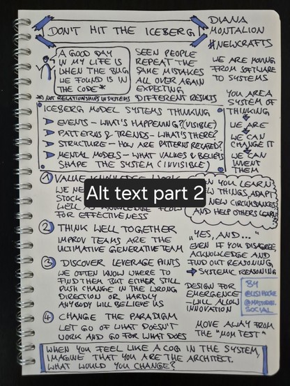 Sketchnote of keynote "Don't Hit the Iceberg" by Diana Montalion at NewCrafts Paris Conference 2024, part two

Insight, framed: When you feel like a cog in the system, imagine that you are the architect. What would you change?

Sketchnote author: @lisihocke@mastodon.social