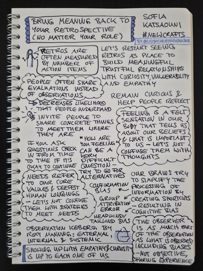 Sketchnote of talk "Bring meaning back to your retrospectives (no matter your role)" by Sofia Katsaouni at NewCrafts Paris Conference 2024

Sketch figure with speech bubble: "Retros are often measured by number of action items"

Let's restart seeing retros as place to build meaningful trustful relationships with curiosity, vulnerability and empathy

Insight, circled like a cloud: People often share evaluations instead of observations

Decreases likelihood that people understand

Invite people to share concrete things to meet them where they are

Remain curious and help people reflect

Insight, circled like a cloud: Feeling is a felt sensation in our body that tells us about our beliefs and what is important to us - let's not confuse them with thoughts

"How are you feeling" can be a very difficult question - try to go for alternatives

If you ask questions, check in from time to time if it's okay to continue

Insight, circled like a cloud: Needs refer to our core values and deepest human longings - let's not confuse them with strategies to meet needs

Our brains try to simplify the processing of information by creating shortcuts - resulting in cognitive bias, like confirmation bias, group attribution error, headwind/tailwind bias

Insight, circled like a cloud: The observer is as much part of the observation as what is observed, including biases - not objective, sharing experience

Observation iceberg by Roxy Manning: external, internal and systemic

Continued in next image