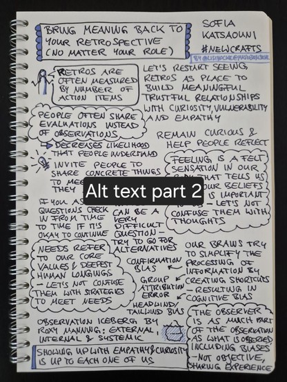 Sketchnote of talk "Bring meaning back to your retrospectives (no matter your role)" by Sofia Katsaouni at NewCrafts Paris Conference 2024, part two

Insight, framed: Showing up with empathy and curiosity is up to each one of us

Sketchnote author: @lisihocke@mastodon.social