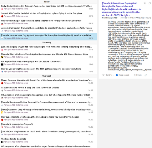 Pg-RSS external news feeds: Saturday 2024-05-18
News/analytics re: abuses of wealth, power, influence

📱 1-col: https://persagen.com/rss/pg-extnews.m.xml
💻️ 2-col: https://persagen.com/rss/pg-extnews.xml
🌐 Click title to go to external news source

Updated throughout the day
Victoria, Persagen.com 🙏

#persagen #news #CurrentEvents #politics #wealth #power #influence #ideology #populism #CultureWars #discrimination #HumanRights #LGBTQ+ #justice #climate #environment #capitalism #inequality #SocialJustice

Image: Pg-RSS news feed