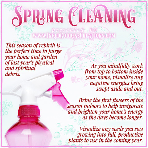 A close-up view of a pink and white spray bottle takes up much of the graphic. There are subtle bubbles, flowers, and vines in the background, some of which look as though they're being sprayed from the bottle. The text suggests some ways to amp your Spring Cleaning up a notch. Presented by Inked Goddess Creations.