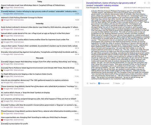 Pg-RSS external news feeds: Sunday 2024-05-19
News/analytics re: abuses of wealth, power, influence

📱 1-col: https://persagen.com/rss/pg-extnews.m.xml
💻️ 2-col: https://persagen.com/rss/pg-extnews.xml
🌐 Click title to go to external news source

Updated throughout the day
Victoria, Persagen.com 🙏

#persagen #news #CurrentEvents #politics #wealth #power #influence #ideology #populism #CultureWars #discrimination #HumanRights #LGBTQ+ #justice #climate #environment #capitalism #inequality #SocialJustice

Image: Pg-RSS news feed