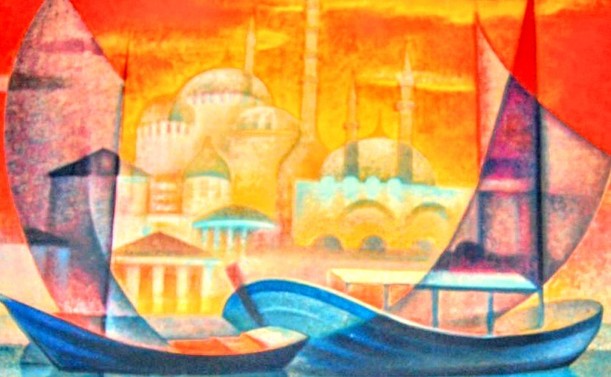 Abstract painting boats and buildings 