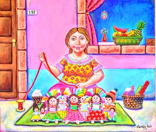 Woman making little dolls painting 