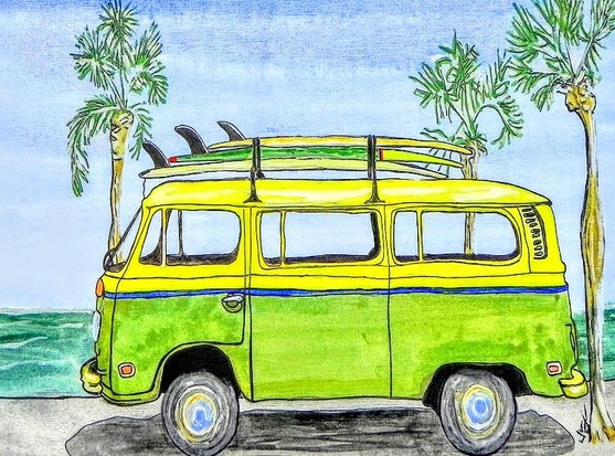 Painting of beach van with surfboard and parked next to beach and palm trees 