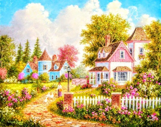 Beautiful painting of cottages white picket fence and flowers 