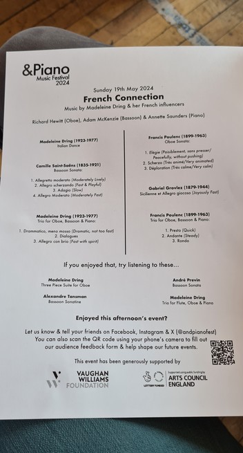 An A4 printout of the programme for &Piano event mentioned in the toot. The page lists the music played - pieces by Madeline Dring and her French influencers (Camille Saint-Saëns, Francis Poulenc and Gabriel Grovlez) - and other related music "if you enjoyed this". At the bottom are social media links (@andpianofest on Facebook, Instagram and x) and the funders logos.