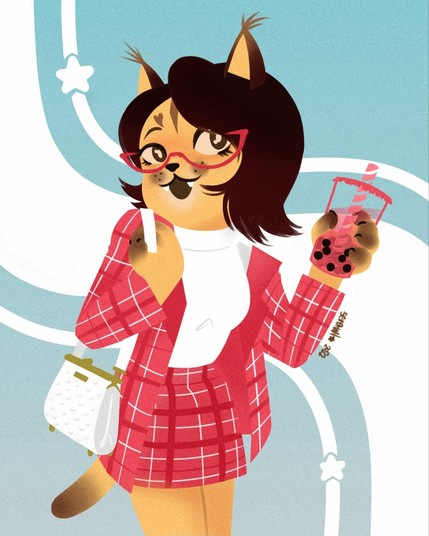 An anthropomorphic caracal girl in a simple lineless art style, rocking a pair of red glasses, wearing a red plaid two piece suit with skirt, a white turtle neck top a white and gold purse and holding a cup of boba tea.
Underneath is a pale blue and white abstract background.