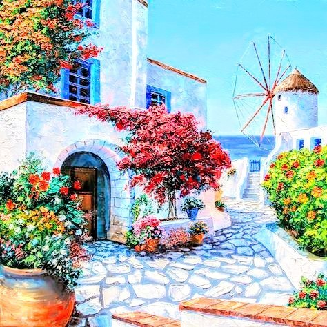 Beautiful painting of white stucco homes by the sea and flowers 