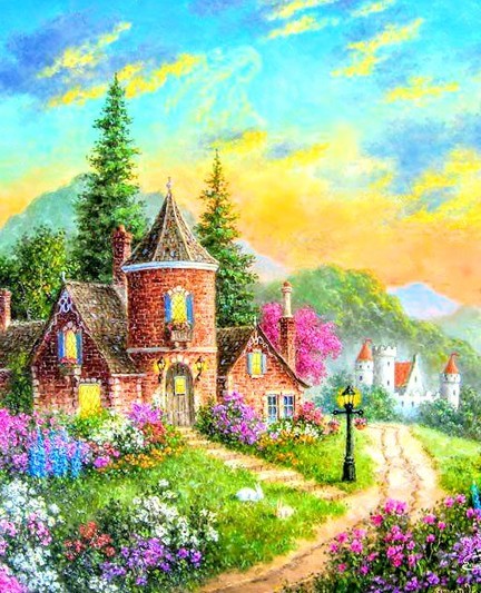 Whimsical painting of house and flowered quaint yard 