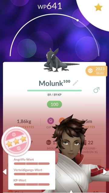 A screenshot from a Pokémon game displaying a character named Molunk with its stats, a star rating, and a trainer's avatar.