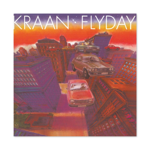 Front cover of Kraan's album "Flyday". Very colourful. It displays some 70s and 80s car models flying through a neighbourhood of tall 10 stories high stone buildings. 