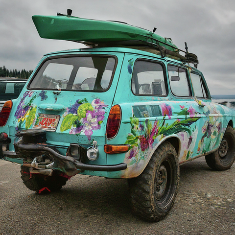 an aqua colored volkswagen hatchback with a kayak on it's roof with flowers painted on it's sides