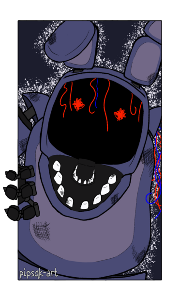 Image ID: A digital drawing of Withered Bonnie from FNAF. He is drawn from the torso up, posed like he is staring through a doorway with his head tilted to the side. His right exoskeletal hand is gripping the doorway as he peeks in. The frame of the drawing is transparent, giving the illusion that he is coming through the viewer's screen. End ID.