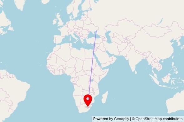 A map showing the great circle route from Mariupol in Ukraine to a map pin at Holy Trinity Mission, Mandela Road, Ha Lesiamo, Lesotho