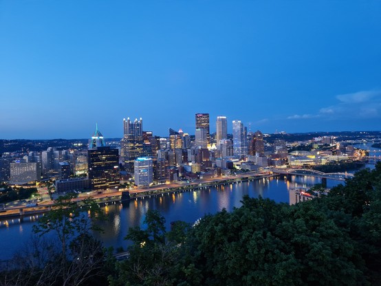 Downtown Pittsburgh from up the hill by night. 