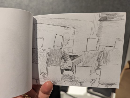 Sketch of multiple people meeting, but everybody is a small number of geometric shapes