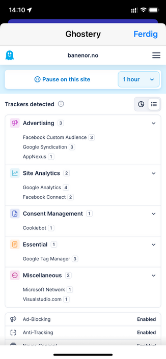 Skjermbilde fra Ghostery-plugin som viser på trackere som finnes på Bane NOR sine websider. Der finner en hele sulamitten fra Facebook, Google, Microsoft osv.