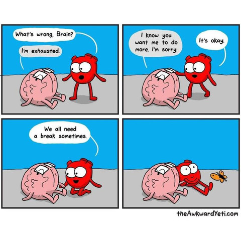 4 cell comic
1st cell: the heart says "What's wrong, Brain?" The brain says "I'm exhausted"
2nd cell" The brain says "I know you want me to do more. I'm sorry" The heart says "It's okay"
3rd cell: The heart says to the brain "We all need a break sometimes"
4th cell: The heart and brain just chillin with a butterfly.