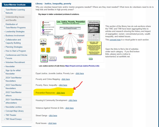 This is a page showing a section of the Tutor/Mentor Institute, LLC resource library.   Categories in this section are:
-Equal Justice, Juvenile Justice, Poverty Law - click here
-Poverty and Crime Mapping - click here
-Poverty, Race, Inequality - click here
-Prevention Resources - click here
-Housing & Community Development - click here
-Violence Against Women & Girls - click here
-Street Gangs - click here
-Rural Issues - click here 

The left side of this image shows other categories of information on the website. 
