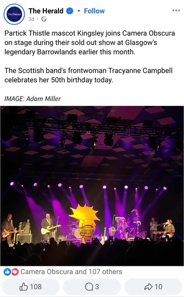 Partick Thistle mascot Kingsley joins Camera Obscura on stage during their sold out show at Glasgow's legendary Barrowlands earlier this month. The Scottish band's frontwoman Tracyanne Campbell celebrates her 50th birthday today. 