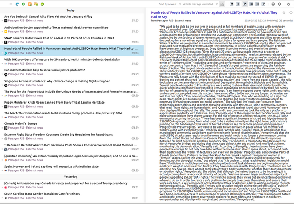Pg-RSS external news feeds: Wednesday 2024-05-22
News/analytics re: abuses of wealth, power, influence

📱 1-col: https://persagen.com/rss/pg-extnews.m.xml
💻️ 2-col: https://persagen.com/rss/pg-extnews.xml
🌐 Click title to go to external news source

Updated throughout the day
Victoria, Persagen.com 🙏

#persagen #news #CurrentEvents #politics #wealth #power #influence #ideology #populism #CultureWars #discrimination #HumanRights #LGBTQ+ #justice #climate #environment #capitalism #inequality #SocialJustice

Image: Pg-RSS news feed