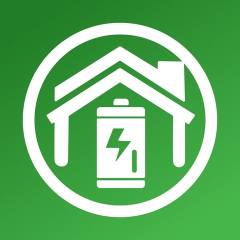 Icon of a house with a battery symbol and a lightning bolt inside, set against a green background.