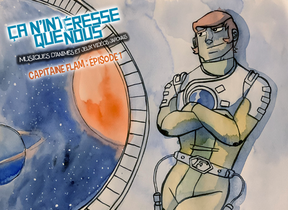 Captain Future on the right side, looking Space, planets and stars through a porthole