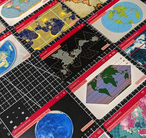 A set of cards from The Projection Collection showing different map projections such as Fuller, Polyconic, Eckert II, and others.