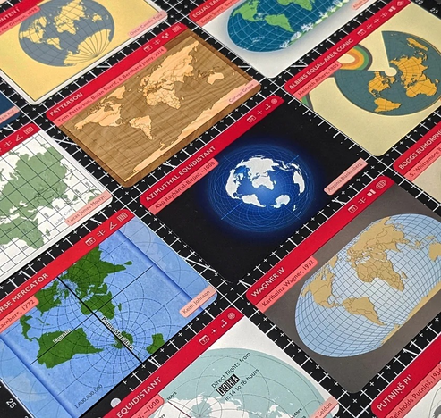 A set of cards from The Projection Collection showing different map projections such as Azimuthal Equidistant, Wagner IV, and Albers Equal-Area Conic.