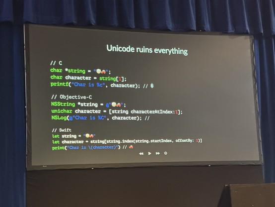 A slide titled Unicode ruins everything with examples of getting the character at a given index in C, objective C, and Swift 