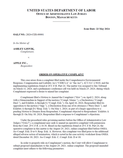 This case arises from a complaint filed under the Comprehensive Environmental Response, Compensation and Liability Act (“CERCLA” or “the Act”), 42 U.S.C § 9610, and the implementing regulations found at 29 C.F.R. Part 24. The matter was assigned to this Tribunal on March 11, 2024, and a preliminary conference call was held on March 25, 2024, during which Complainant expressed a desire to amend her complaint. Complainant filed a Motion to Amend the Complaint (“Mot.”) on April 2, 2024, along with a Memorandum in Support of the motion (“Compl. Memo.”), a Declaration (“Compl. Decl.”), and Exhibits A through S (“Compl. Exh.”). On April 16, 2024, Respondent filed its opposition to the motion (“Opp.”), a Declaration from one of its attorneys (“Perry Decl.”), and Exhibits A through D (“Resp. Exh.”). On May 1, 2024, as part of a larger opposition to a pending Motion to Dismiss from Respondent, Complainant objected to Respondents’ Exhibits A through D. On May 10, 2024, Respondent filed a response to Complainant’s objections.
