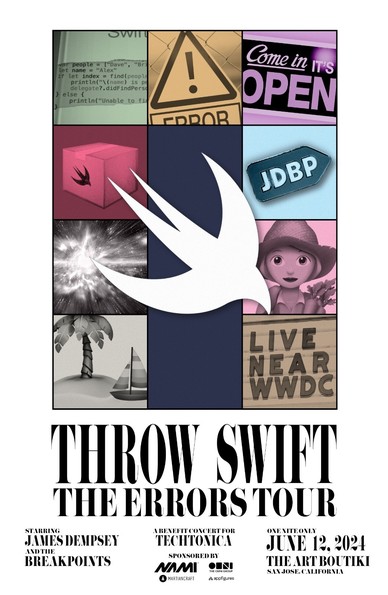 LIVE near WWDC 2024 show poster with headline text Throw Swift, The Errors Tour.
