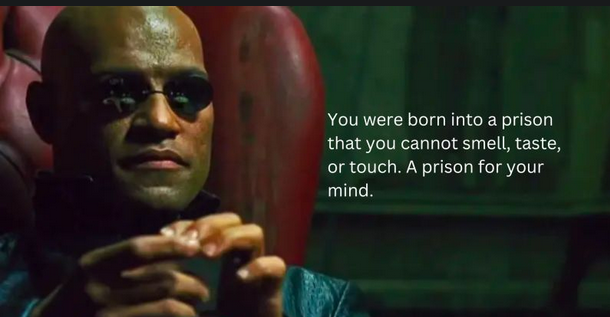 Morpheus from the Matrix delivering his "A prison for your mind" speech