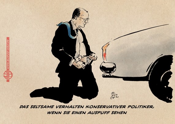 Illustration: Merz kniet sich die Hose öffnend hinter dem Auspuff eines Autos aus dem vergangenem Jahrhundert. Textzeile: Das seltsame Verhalten konservativer Politiker, wenn sie einen Auspuff sehen