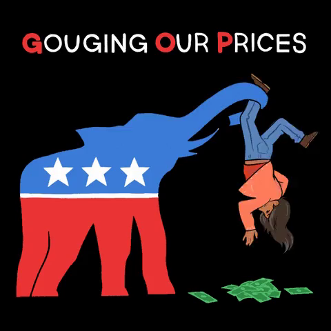 Gouging our prices

Red, white and blue elephant with a person held upside down by the elephant trunk, with money spilling from the person