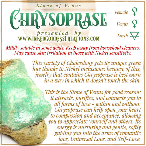 A raw chunk of chrysoprase sits against a white background. The text explains chrysoprase's metaphysical correspondences, some trivia about it, and ways to use it in your magickal practice. Presented by Inked Goddess Creations.