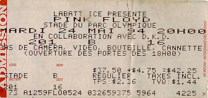 A ticket to the Pink Floyd Concert in Montreal on May 24th, 1994.