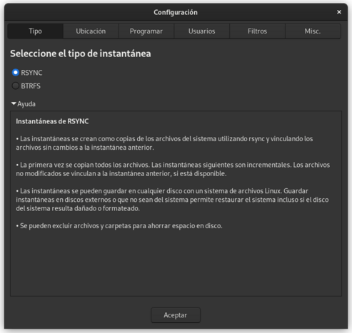 Captura de pantalla de la interfaz de Timeshift que muestra los dos modos de instantáneas que ofrece el sistema: BTRFS y RSYNC