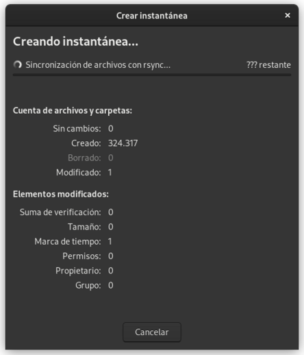 Captura de de pantalla de la interfaz de Timeshift generando una instantánea de sistema en modo RSYNC