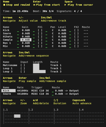 Interactive mockup of terminal-based digital audio workstation. It contains a transport controller, a mixer, a looper, a sampler, and a step sequencer. They are represented by compact text-based tables. There are borders between individual components, but not between the rows of the tables. In addition, the key bindings for each component are displayed as a text-based toolbar.