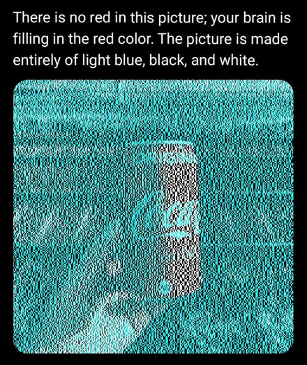 Picture of a Coca-Cola can, which looks red as it should, on a mottled light-blue (looks turquoise to me, though) background.