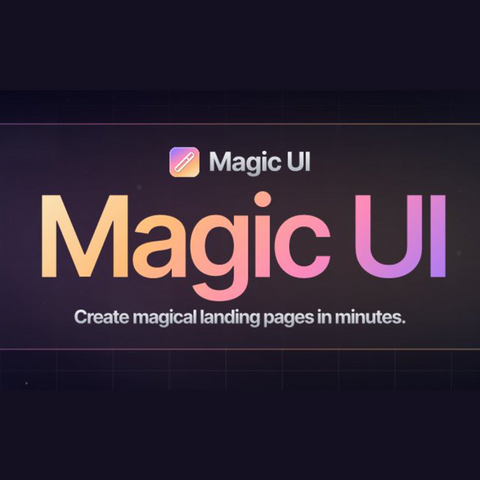 Logo Magic UI.
Gradient orange to violet text: Magic UI.
Below white text: Create magic landpages in minutes.