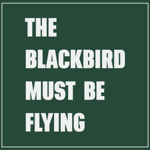 Grey text on dark green background:
The blackbird must be flying