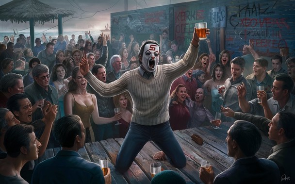 Das Titelbild wurde mit ideogram.ai nach folgendem Prompt erstellt: A chilling and unsettling dystopian scene of a crowded beach club, where a diverse group of people are packed together, cheering and dancing. At the center, a sinister male figure in a white sweater and a mask adorned with a swastika and a symbol of xenophobia is dancing exuberantly while raising their glass. The atmosphere is tense and eerie, with the crowd following the figure's lead. The walls are covered in graffiti promoti…