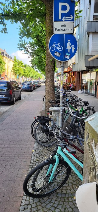 Ansicht entlang des radweges an der Hammer Straße.  Zwischen Radweg und Fußweg ist alles mit Rädern vollgestopft.